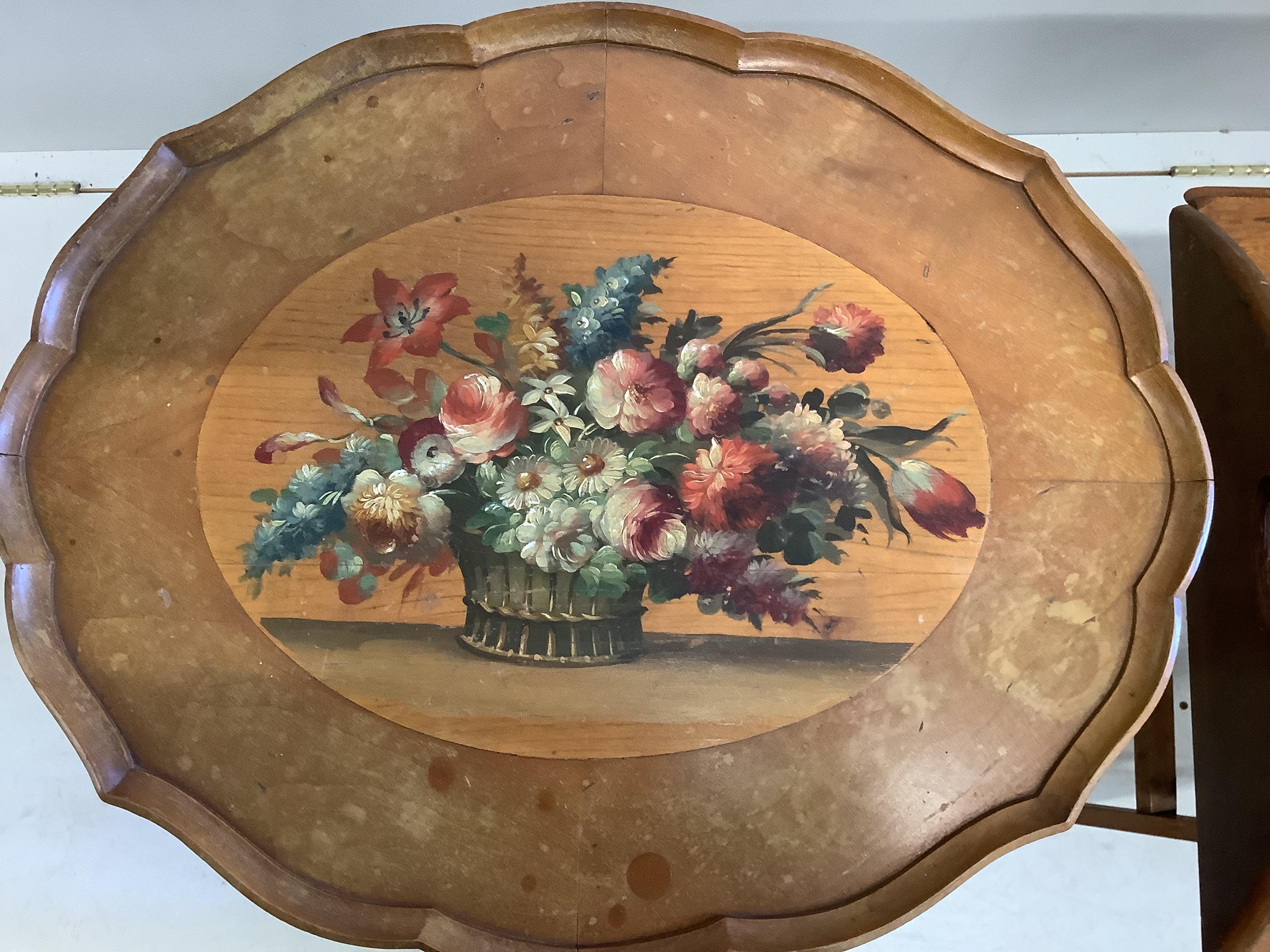 A Victorian style mahogany butler's tray on stand, width 64cm, depth 48cm, height 71cm together with a painted oval tripod wine table